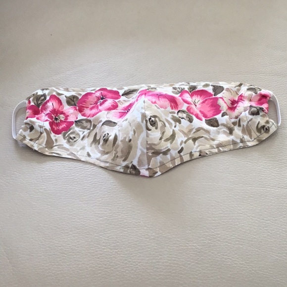 Hand Crafted Accessories - Floral Tan & Pink Face Mask 2 layer W/ Elastic